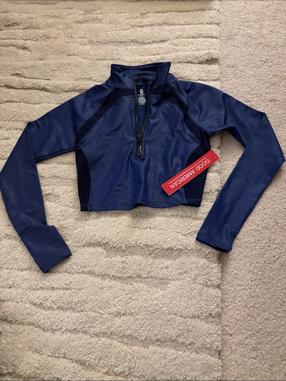 Good American Deep Navy Cropped Zip-Front Athletic Top
